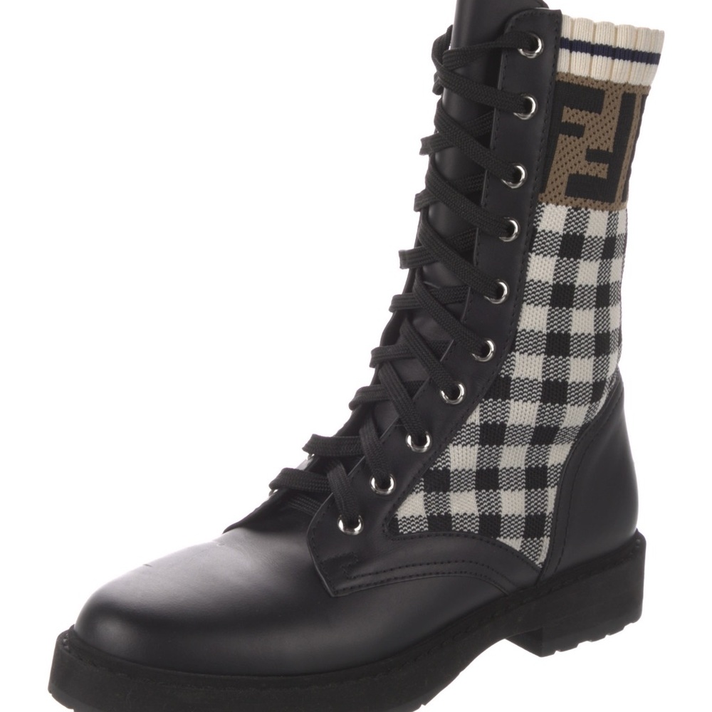 Fendi Calfskin Stretch Fabric FF Vichy Rockoko Biker Boots